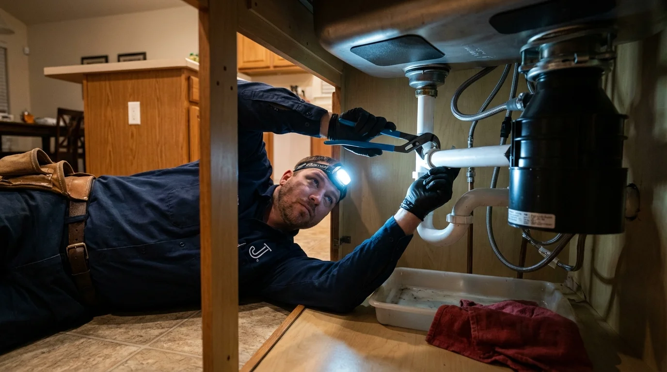P-trap and supply line connections under a kitchen sink showing a common leak point in Warrenton, GA